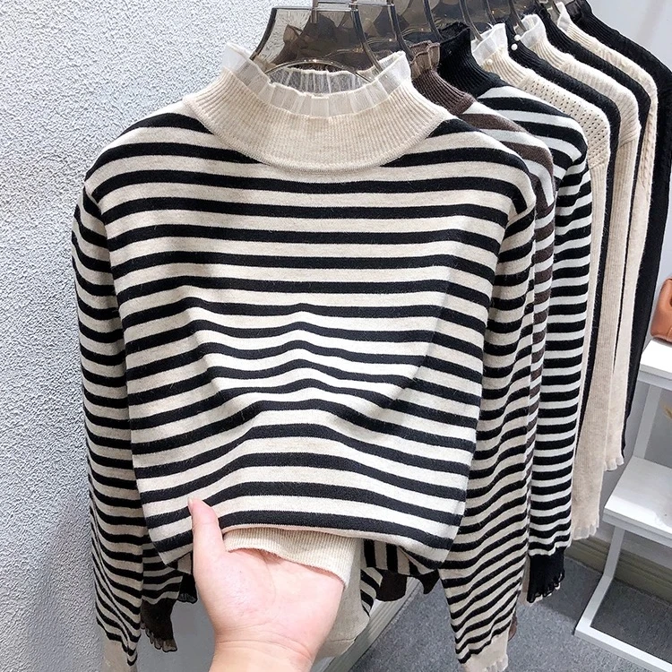 秋季新款长袖针织衫女冬季修身毛衣蕾丝花边半高领黑白条纹打底衫