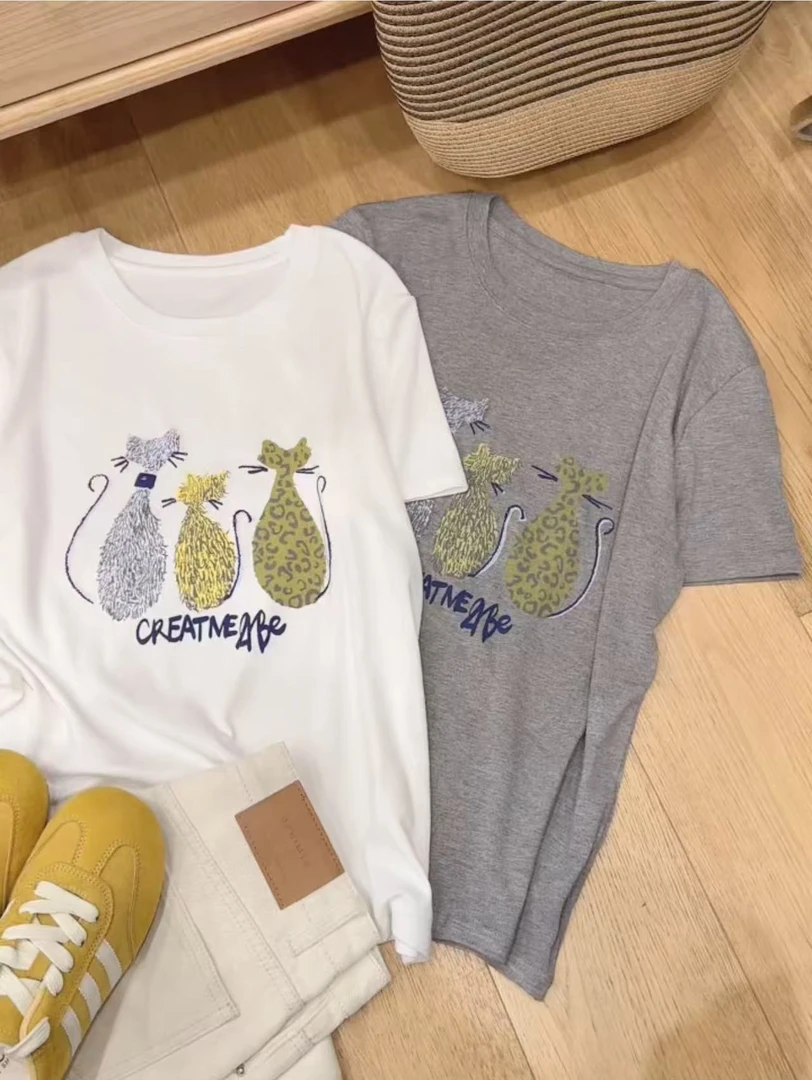 七言家巨好穿！夏季三只小猫百搭减龄宽松短袖体恤8-1@