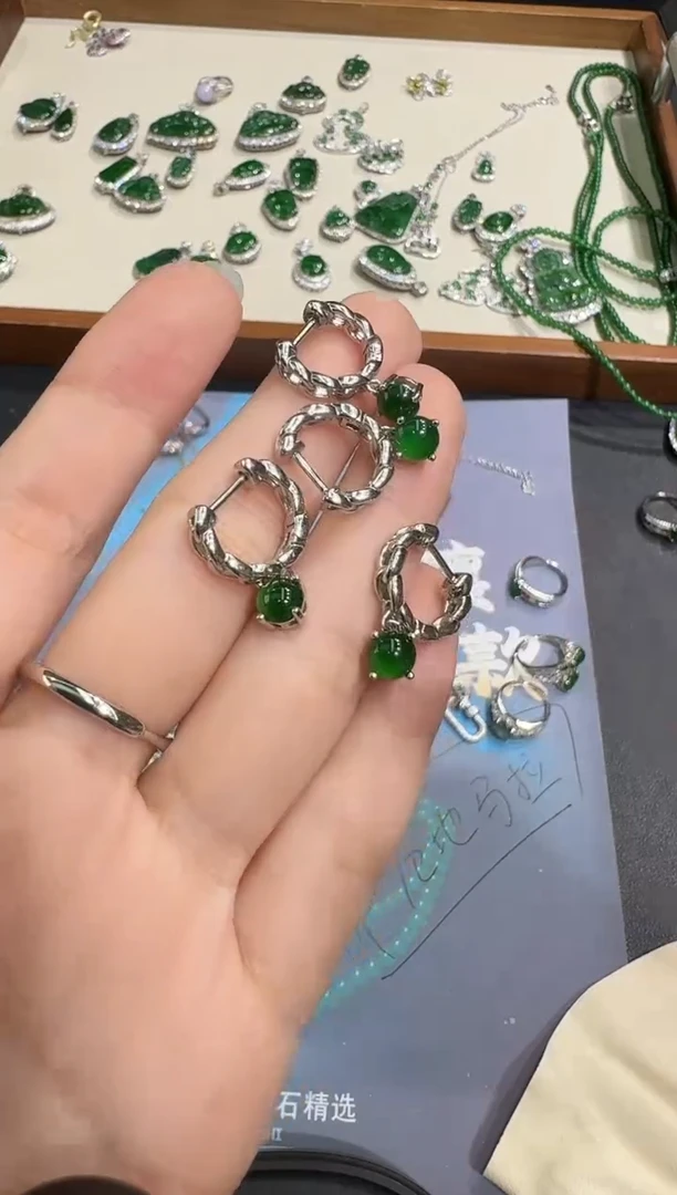 银S925镶嵌翡翠耳饰X1025-886-369多样性一对