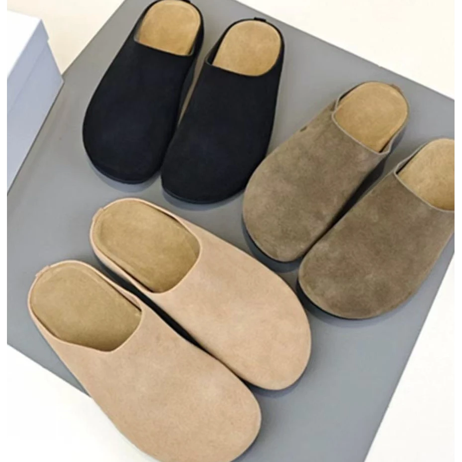 2025春季新款TR同款全牛皮磨砂皮勃肯鞋懒人真皮一脚蹬包头拖