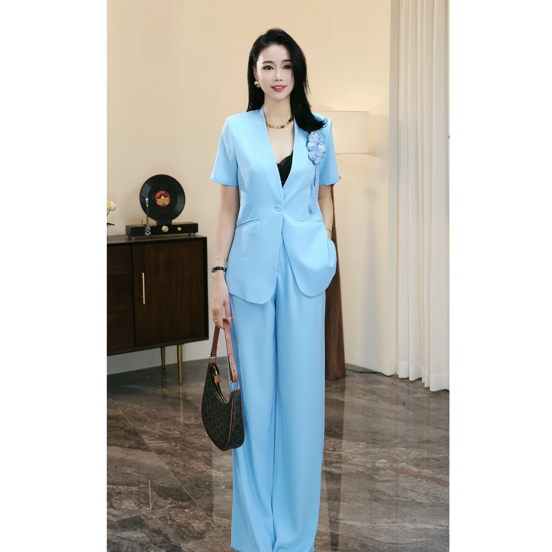 ZEROYK翎蔻 深圳南油显瘦气质时尚夏通勤蓝色休闲薄减龄女神套装