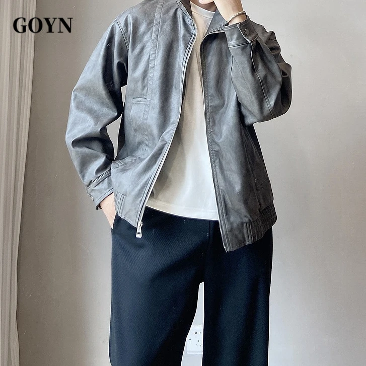 GOYN秋季复古宽松潮流美式男装痞帅高级感翻领男士时尚皮夹克外套