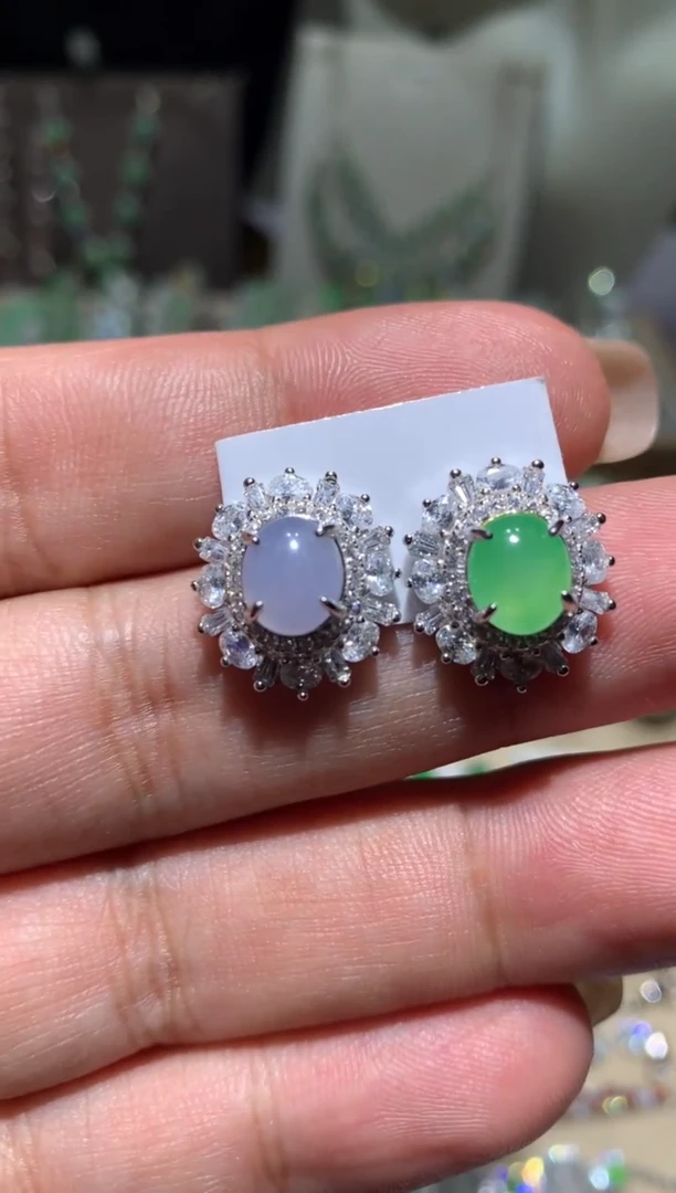 银S925镶嵌翡翠耳饰耳钉