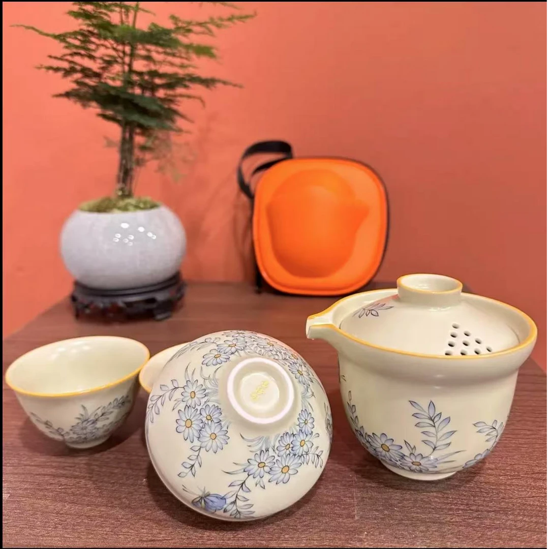 YS392-雏菊旅行茶具手工车载户外陶瓷主人杯手绘便携式白瓷