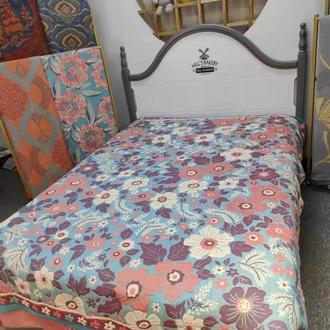 【蓝色繁花】多功能亲肤精梳纯棉纱布盖毯150*200