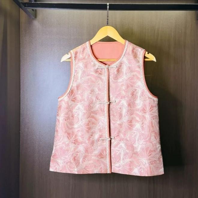 花不悟  芳华设计新中式复古提花马甲中国风圆领粉色马甲