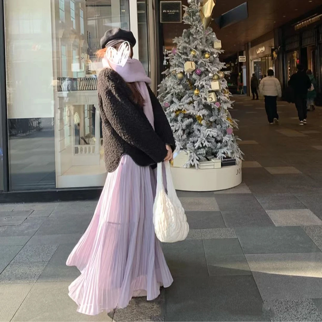 温柔风紫色半身裙2025新款高腰仙女裙早春气质百搭压褶裙长裙女