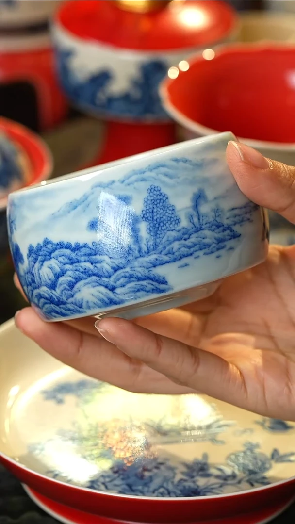 焱谷景德镇高温纯手工手绘青花山水大缸杯