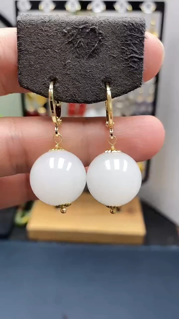 和田玉银S925镀金镶嵌耳饰尺寸16mm耳扣77