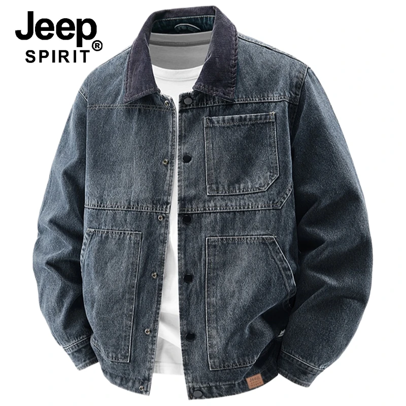 JEEPSPIRIT吉普牛仔外套秋冬新款美式复古翻领工装休闲夹克男款