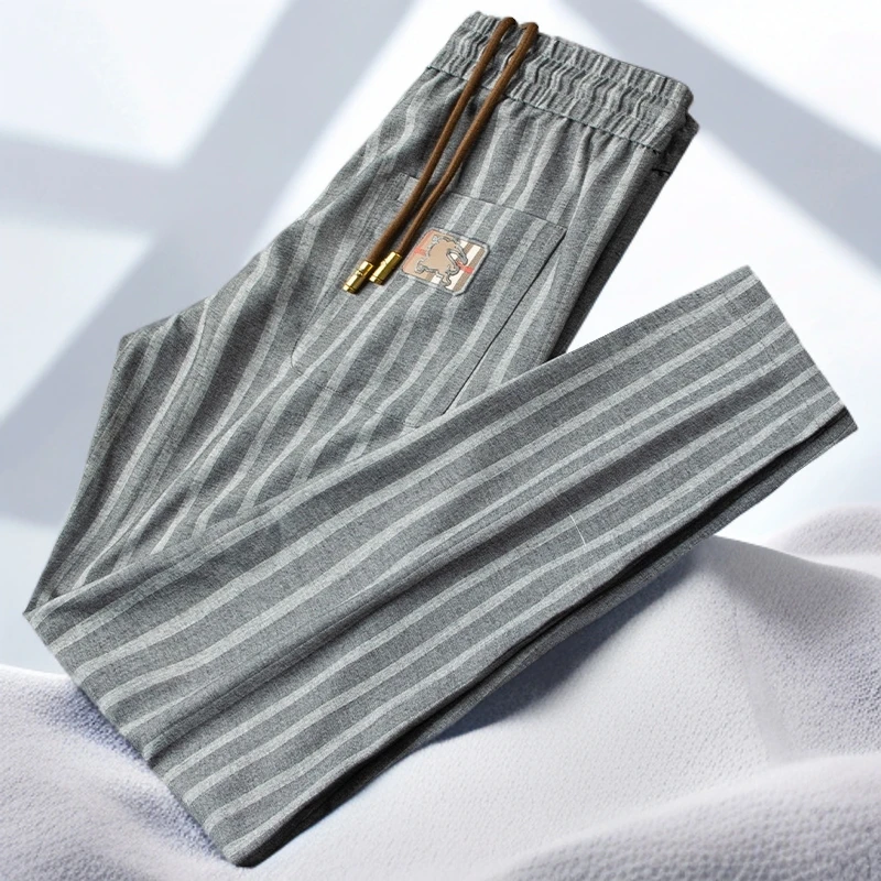 宾斯洛特新款深灰色休闲运动裤男夏季印花修身弹力直筒抽绳裤潮