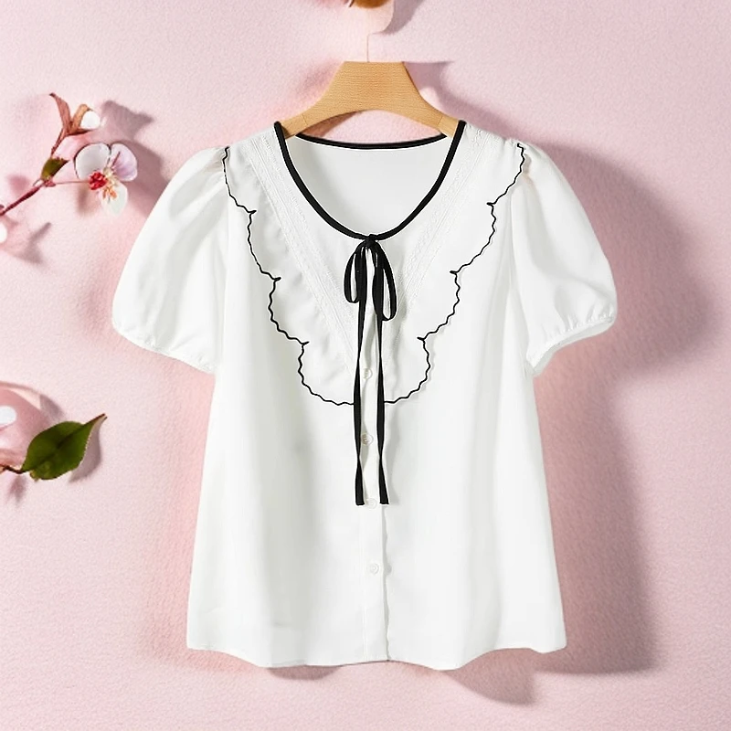 魔剪标系列25夏品牌折扣少女系带蕾丝花边撞色薄小衫上衣女629