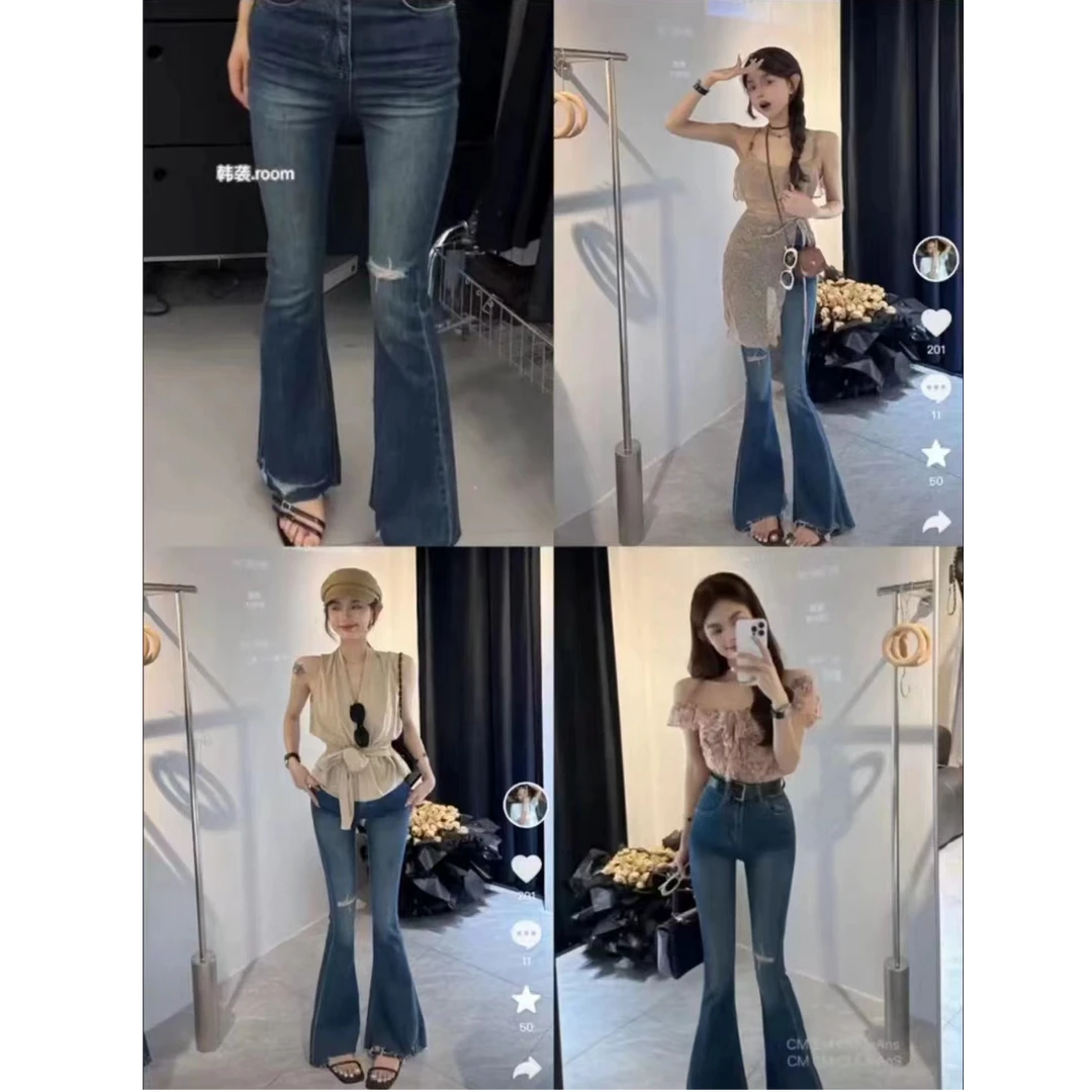 g103 秋季新款2024百搭气质喇叭裤休闲气质破洞微喇牛仔裤女