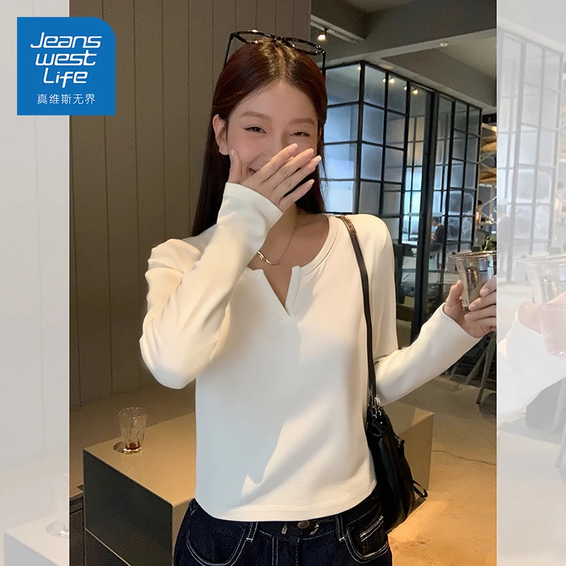 真维斯无界长袖t恤女2025新款春秋v领内搭打底衫早秋外穿修身上衣