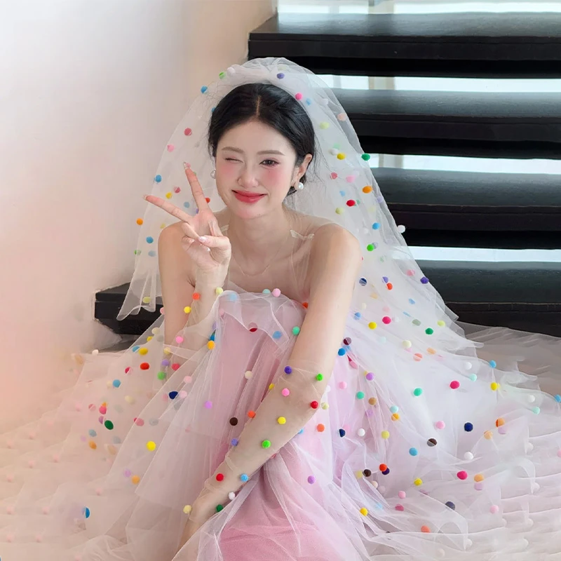 彩色球球头纱多巴胺甜美领证头饰情人节新娘结婚求婚拍照影楼道具