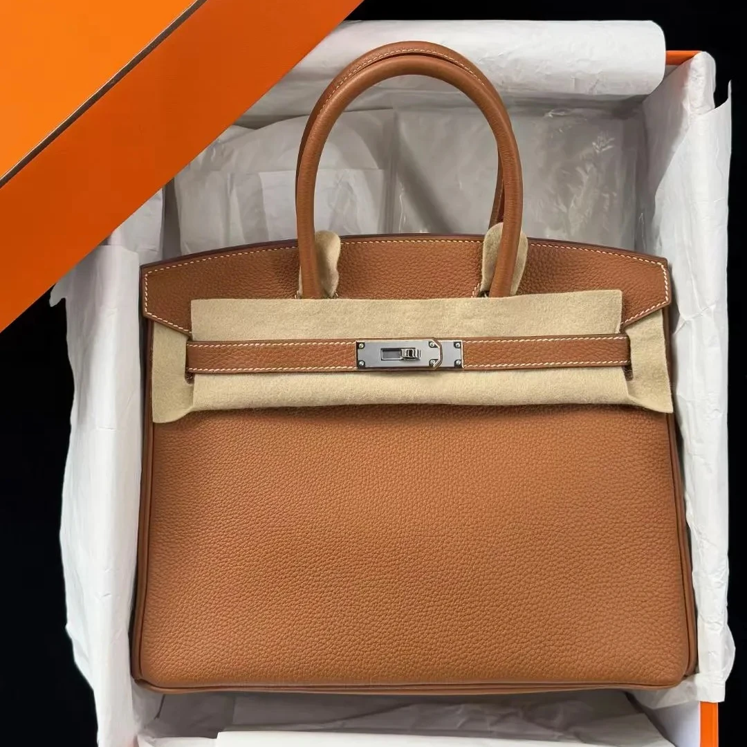 99新 Hermes/爱马仕 小花JerryBirkin 30 金棕色 A刻 银扣包