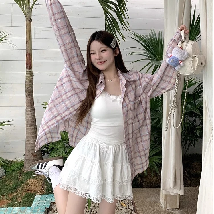 法式胺甜美粉色格子衬衫女ins开春防晒衬衣宽松休闲遮肉长袖上衣