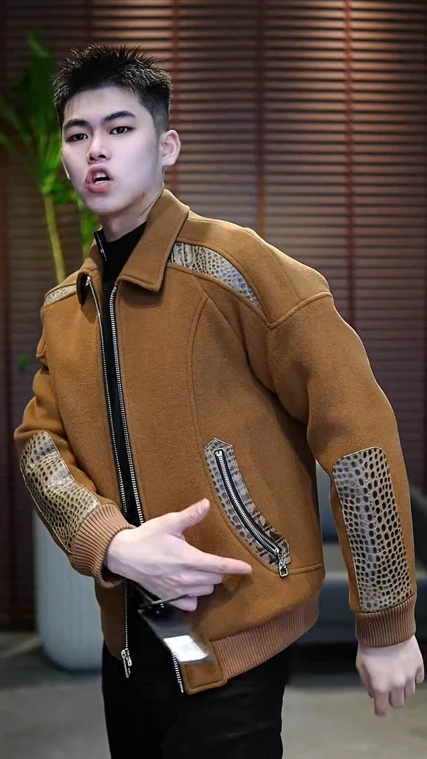 50码（125-140斤）男士羊毛真皮拼接棉夹克