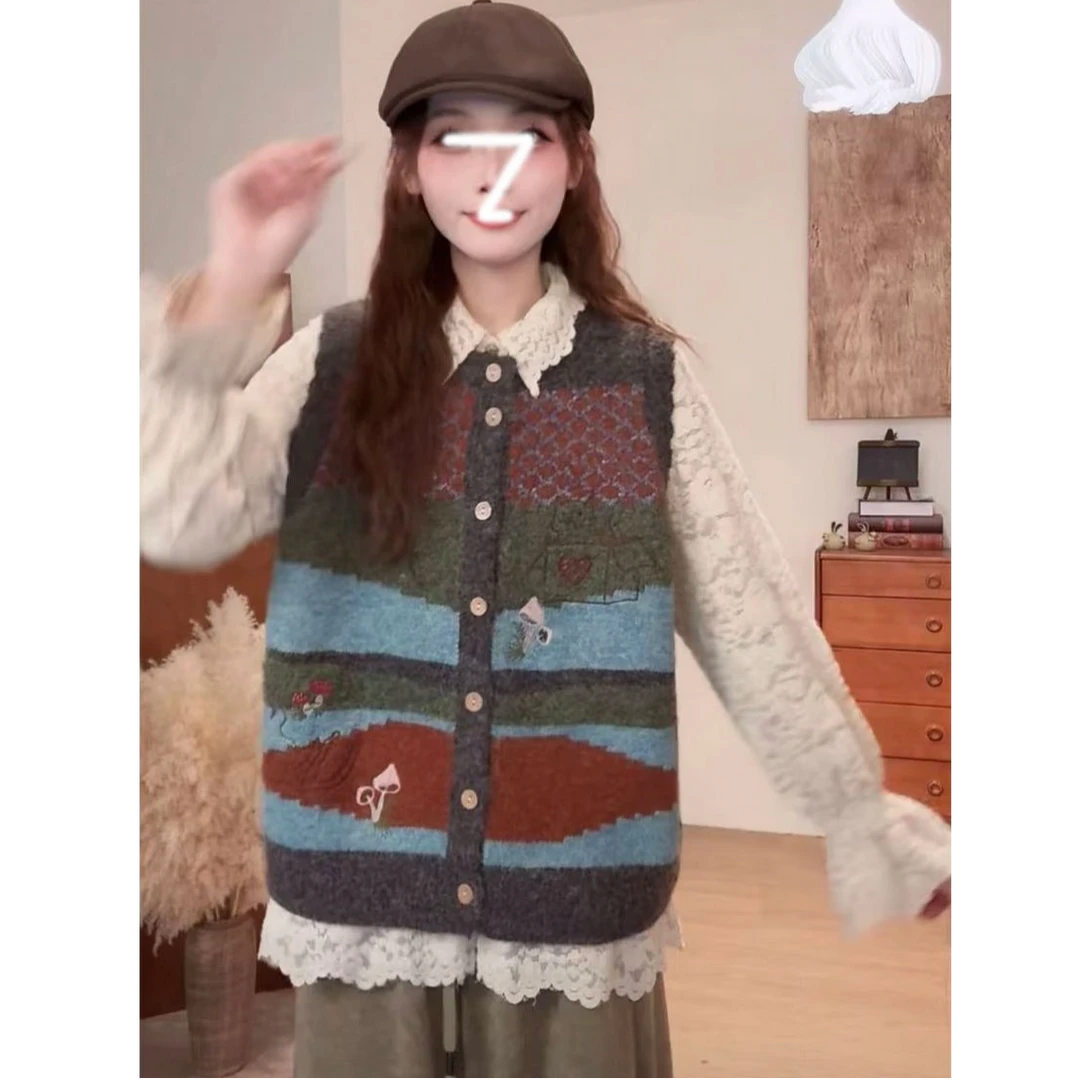 日系撞色条纹爱心针织女士外穿学生党马甲宽松毛衣背心开衫秋冬