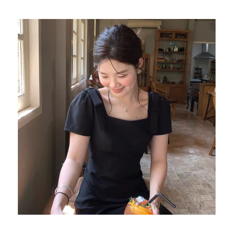 （现货）大码韩系方领气质连衣裙女夏季胖mm显瘦短袖小黑裙1864