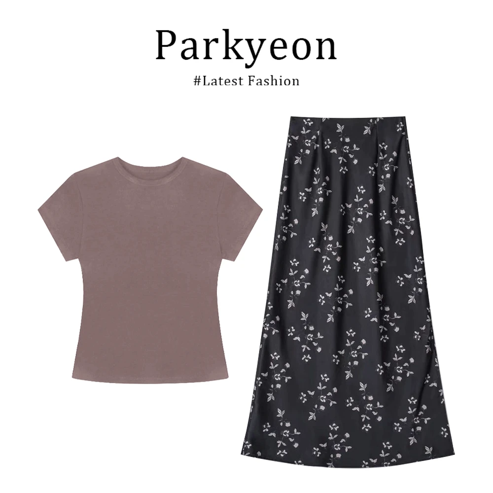 parkyeon法式轻熟风圆领修身显瘦短袖高腰开叉碎花半身长裙两件套