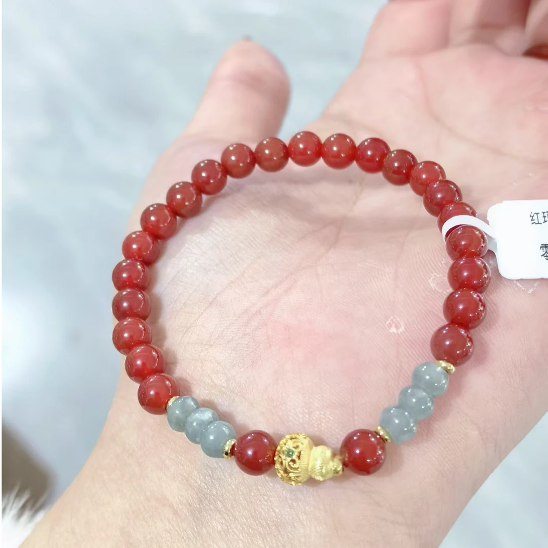 天然红玛瑙配翡翠算盘7mm手串DZ0069