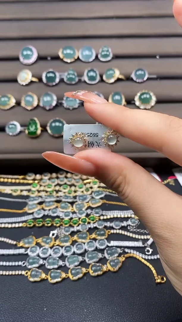 翡翠银S925镶嵌耳饰天然翡翠多样性发货