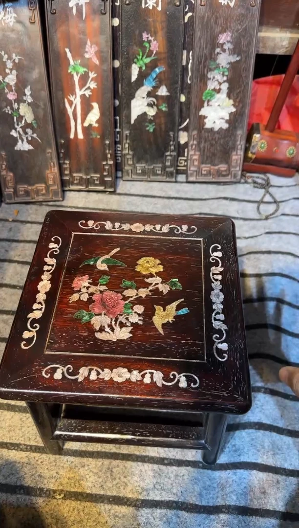 木紫檀富贵凳镶嵌彩贝花鸟花鸟
