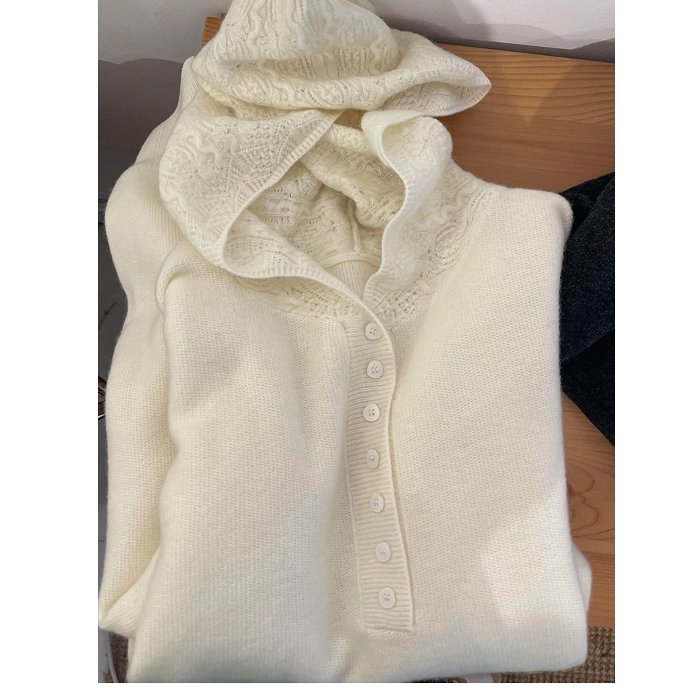 镂空钩花白色连帽针织打底衫女款秋季高级感毛衣内搭帽衫上衣