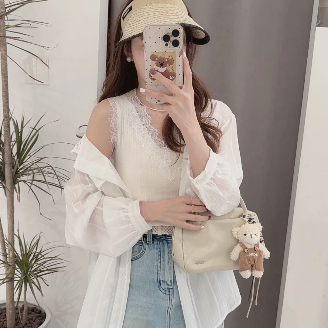 ouran 春夏款G1233百搭显瘦蕾丝拼接连帽防晒衬衫