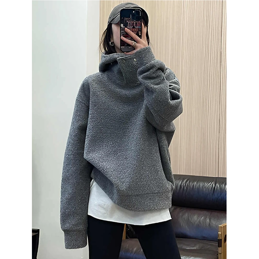 慵懒风灰色加厚加绒连帽卫衣女秋冬2025新款爆款时尚洋气宽松上衣