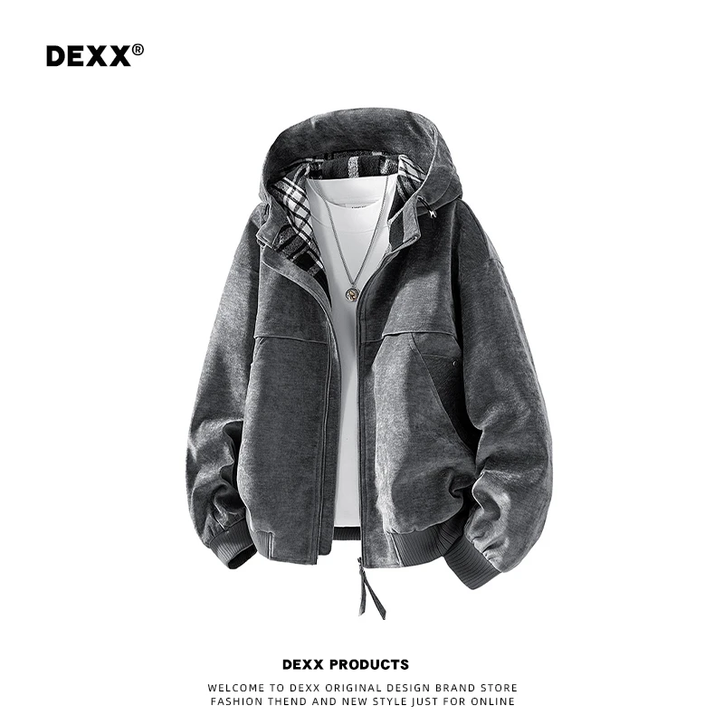 DEXX重磅雪尼尔外套男士潮流抽绳松紧连帽夹克复古拼接休闲上衣