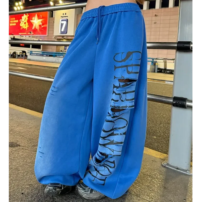 美式高街破洞字母印花阔腿卫裤男女秋季显瘦百搭嘻哈爵士舞阔腿裤