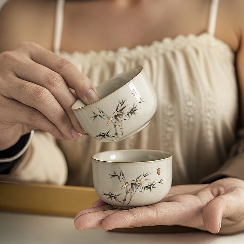 米黄汝窑茶杯单杯套装家用陶瓷品茗杯喝茶茶盏主人杯功夫茶具配件