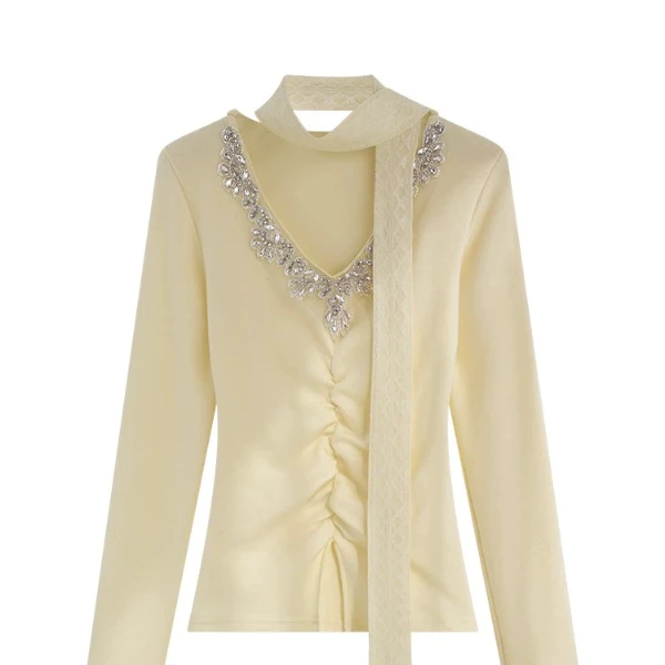 设计感镶钻v领针织衫女冬季新款修身上衣打底衫气质长袖毛衣803