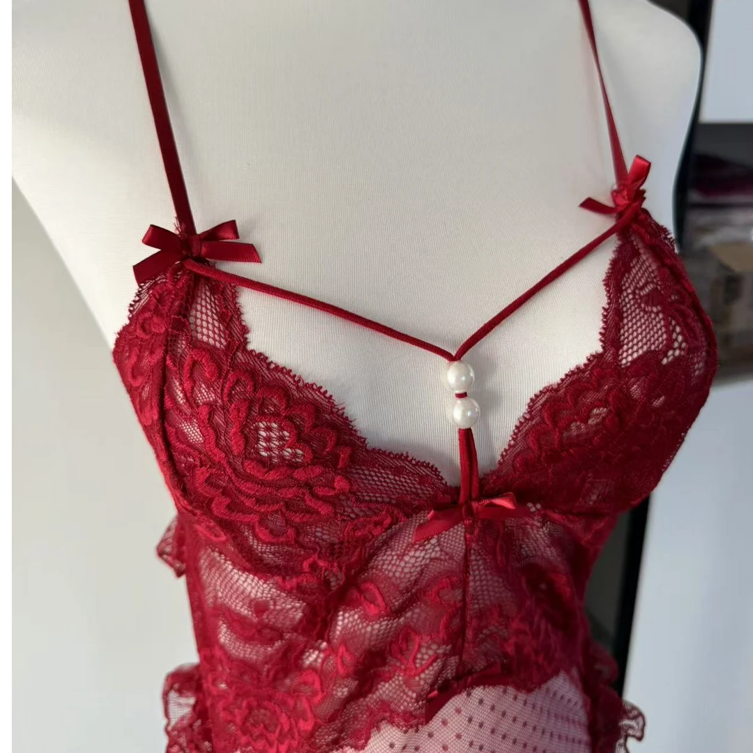 新款女性蕾丝连体衣大码美背性感女士红色法式薄款