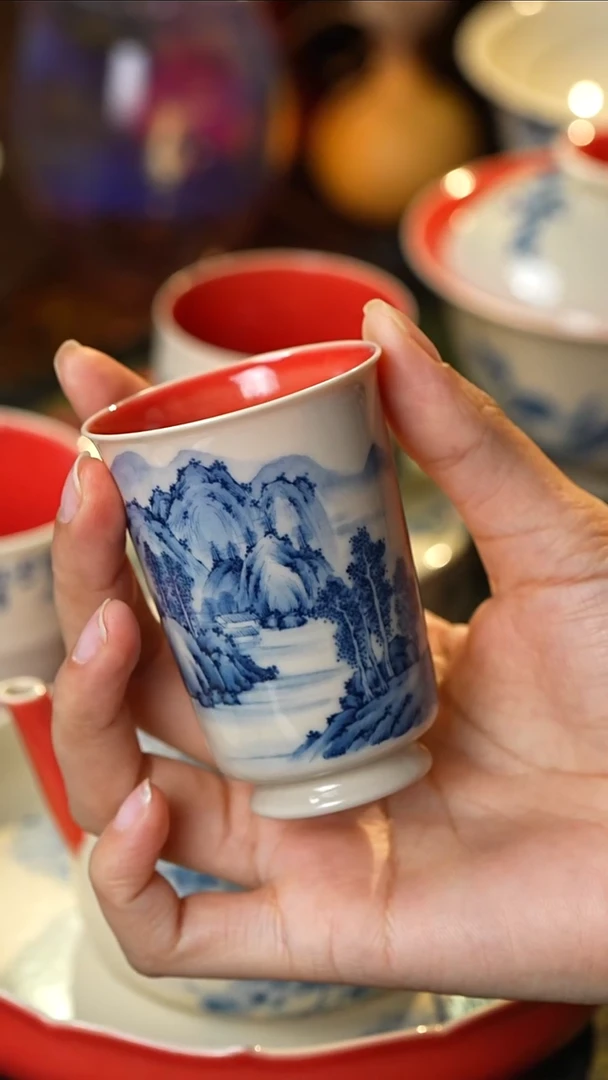 雨香斋柿子红山水高脚闻香杯