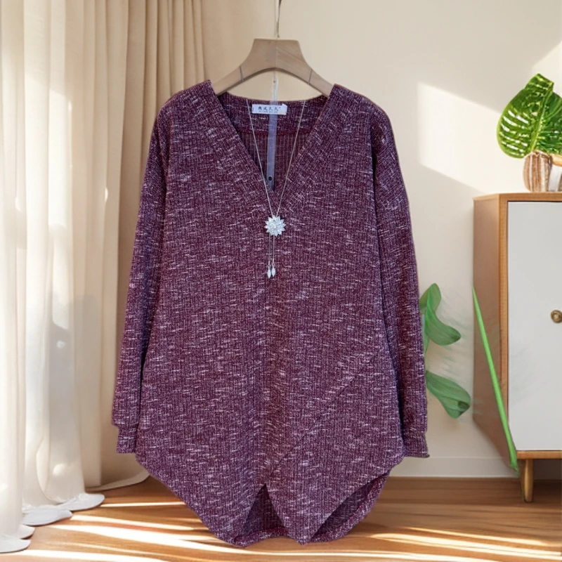 大码设计感慵懒风复古V领秋冬季宽松遮肚不规则长袖上衣女人衫潮