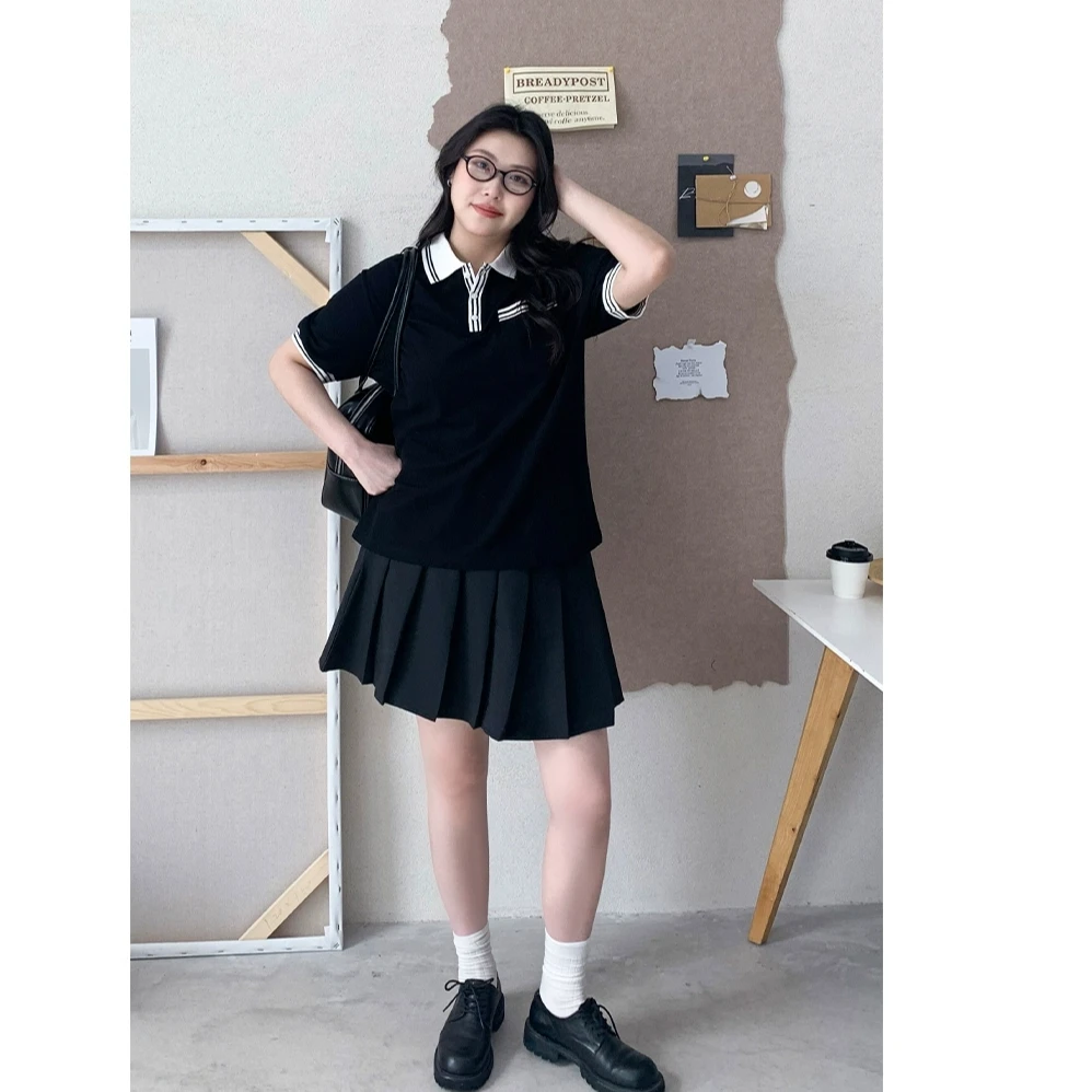 「青和月服饰」夏季学院风复古撞色翻领宽松POLO衫短袖T恤上衣女