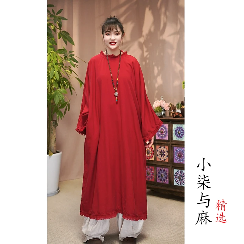 【小柒与麻】复古风圆领手工拉毛背部一粒扣裙袍（衣长115胸围152）