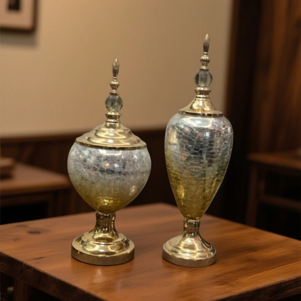 合金底座裂纹玻璃摆件一对工艺品样板间装饰创意