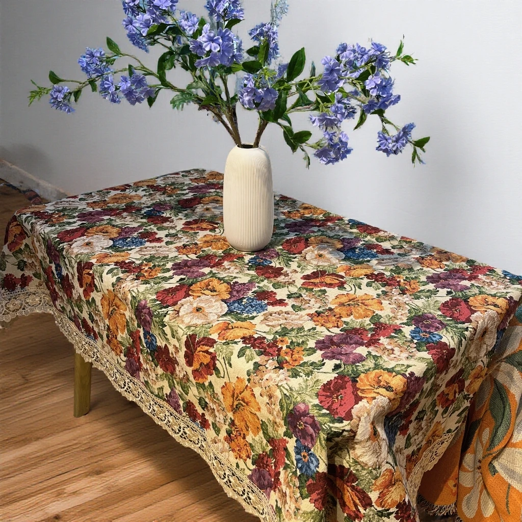 DY231-3-3棉麻（130*170cm长方）红牡丹花边蕾丝边桌布精美