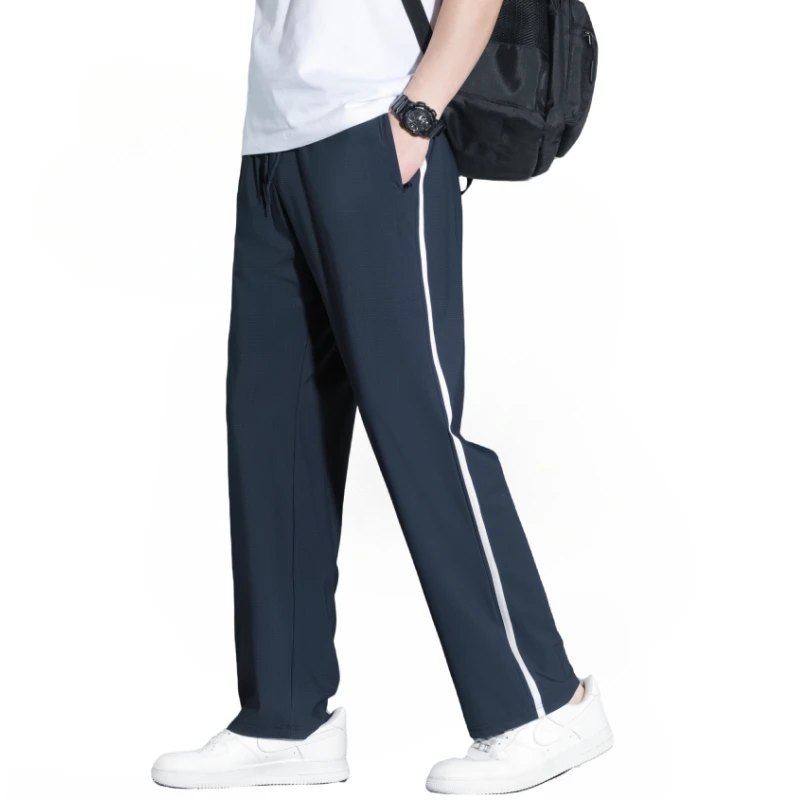 冰丝校服裤夏季薄款中小学生直筒宽松藏蓝色1厘米宽杠高中校服裤