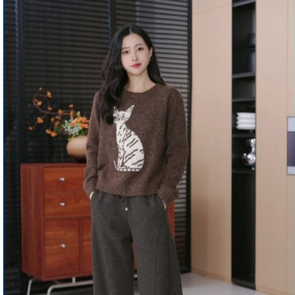 经典猫咪提花羊毛混纺针织衫秋冬慵懒圆领毛衣NOF660-SZ12075