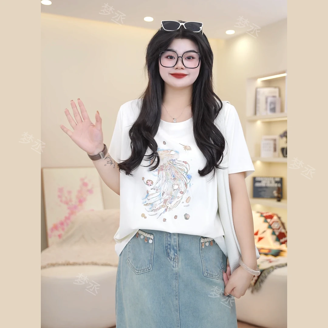 梦丞【浪潮海迹】大码女装设计感夏季贝壳水母印花百搭小众短袖T恤