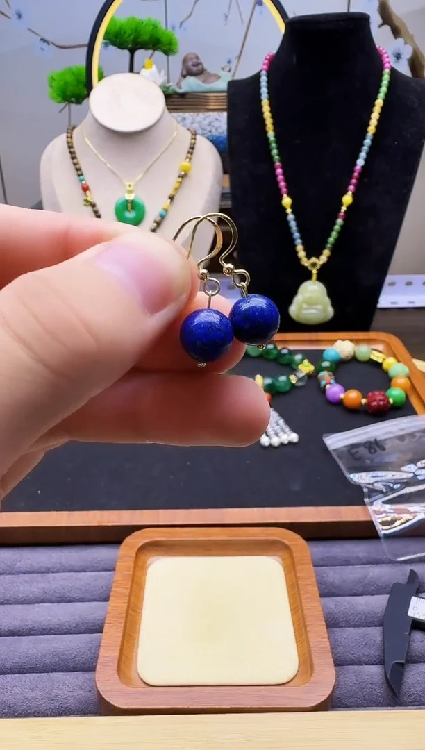 青金石14K金镶嵌耳饰E86