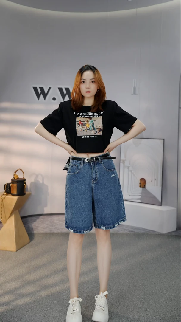 2025高腰夏日A字宽松阔腿牛仔短裤女设计感中裤时尚休闲短裤2626