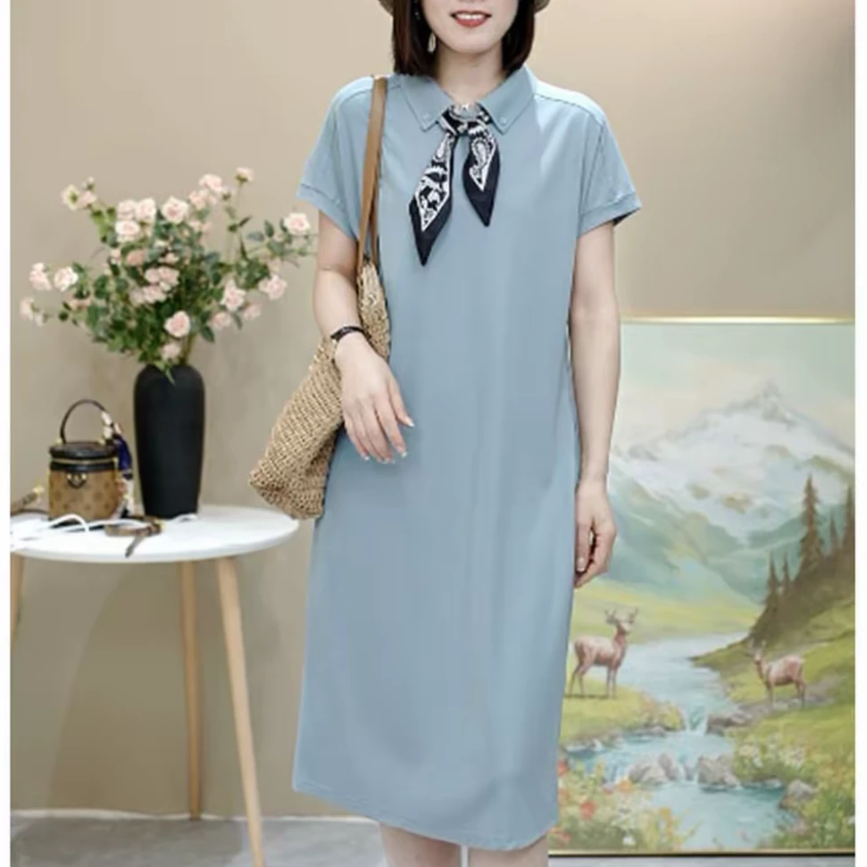 5920夏季新款纯色翻领系带丝巾中长款连衣裙女时尚韩版气质裙子