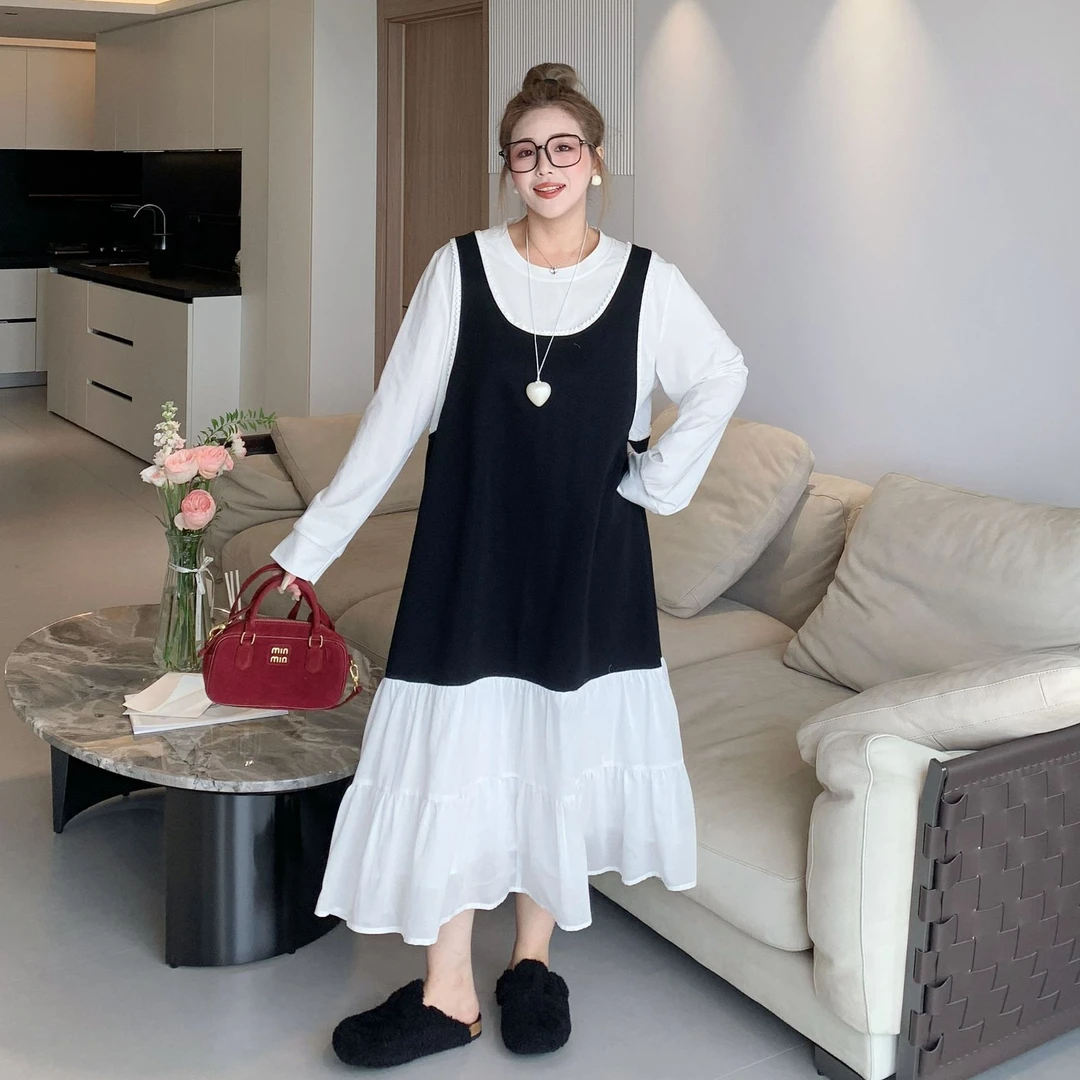 媛子大码假两件撞色连衣裙2025秋季新款宽松显瘦百搭休闲拼接长裙
