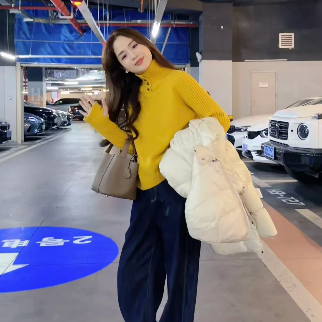 3441【540g正版加厚三粒扣】秋冬新款宽松高领长袖针织衫女毛衣